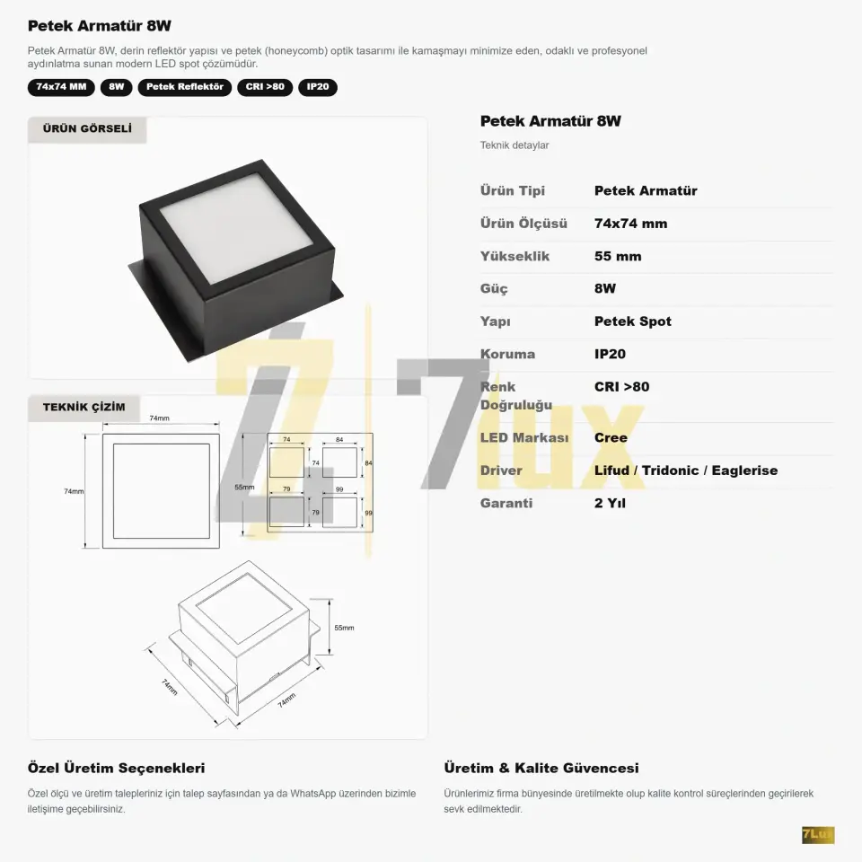 Petek Armatür 8W teknik bilgi kartı ve çizimi: 74x74 mm, 55 mm yükseklik, IP20, CRI 80 üzeri