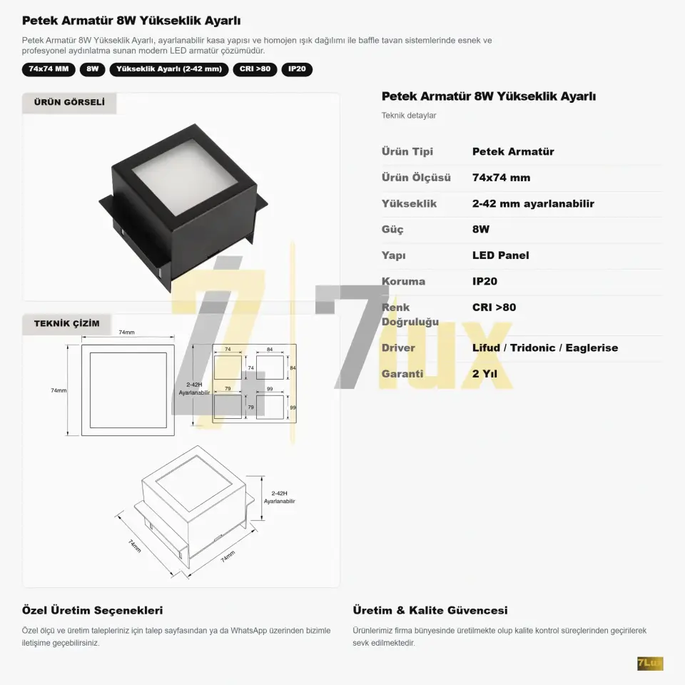 Petek Armatür 8W Yükseklik Ayarlı teknik bilgi kartı, 74x74 mm ölçülü teknik çizim