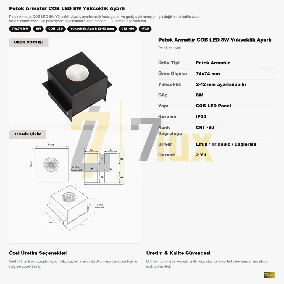 Petek Armatür COB LED 8W Yükseklik Ayarlı