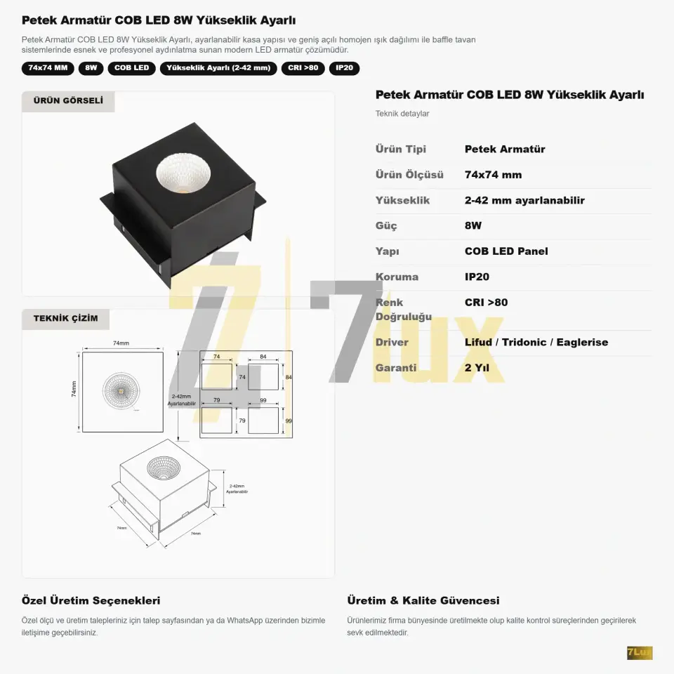 Petek Armatür COB LED 8W Yükseklik Ayarlı teknik bilgi kartı, 74x74 mm ölçülü teknik çizim
