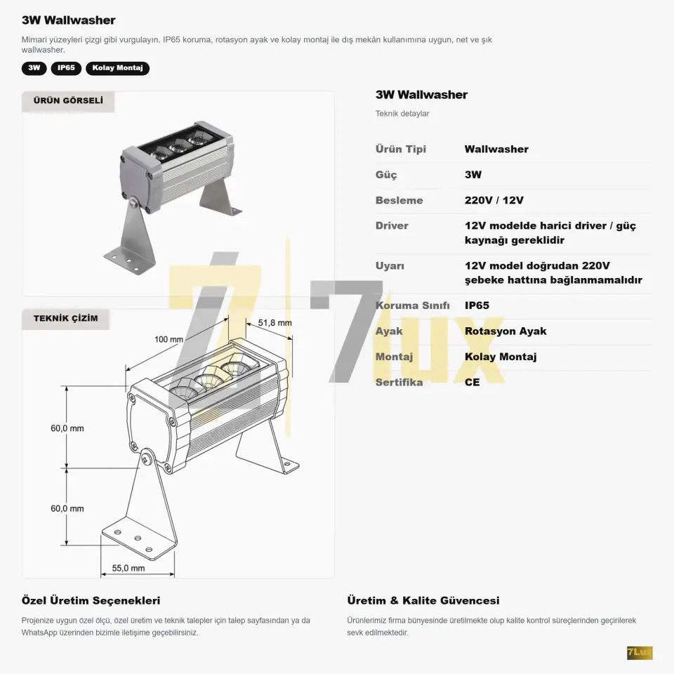 3W wallwasher LED armatür dış mekan cephe aydınlatması