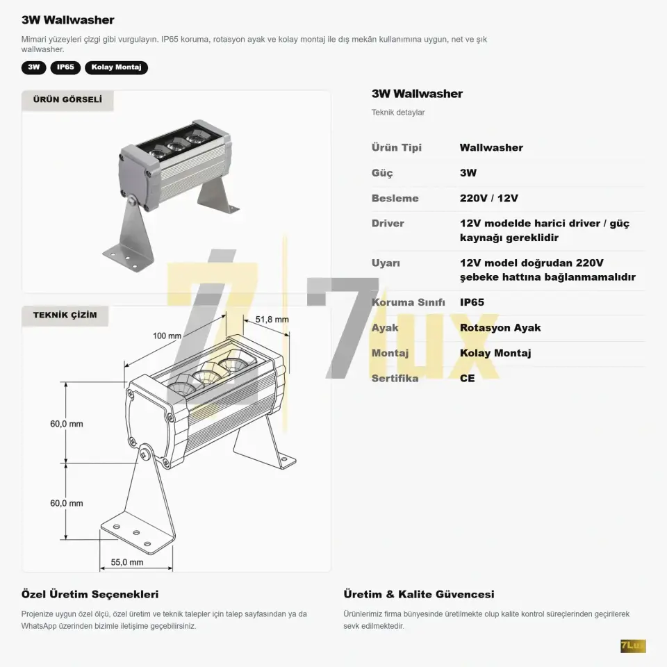 3W wallwasher LED armatür dış mekan cephe aydınlatması