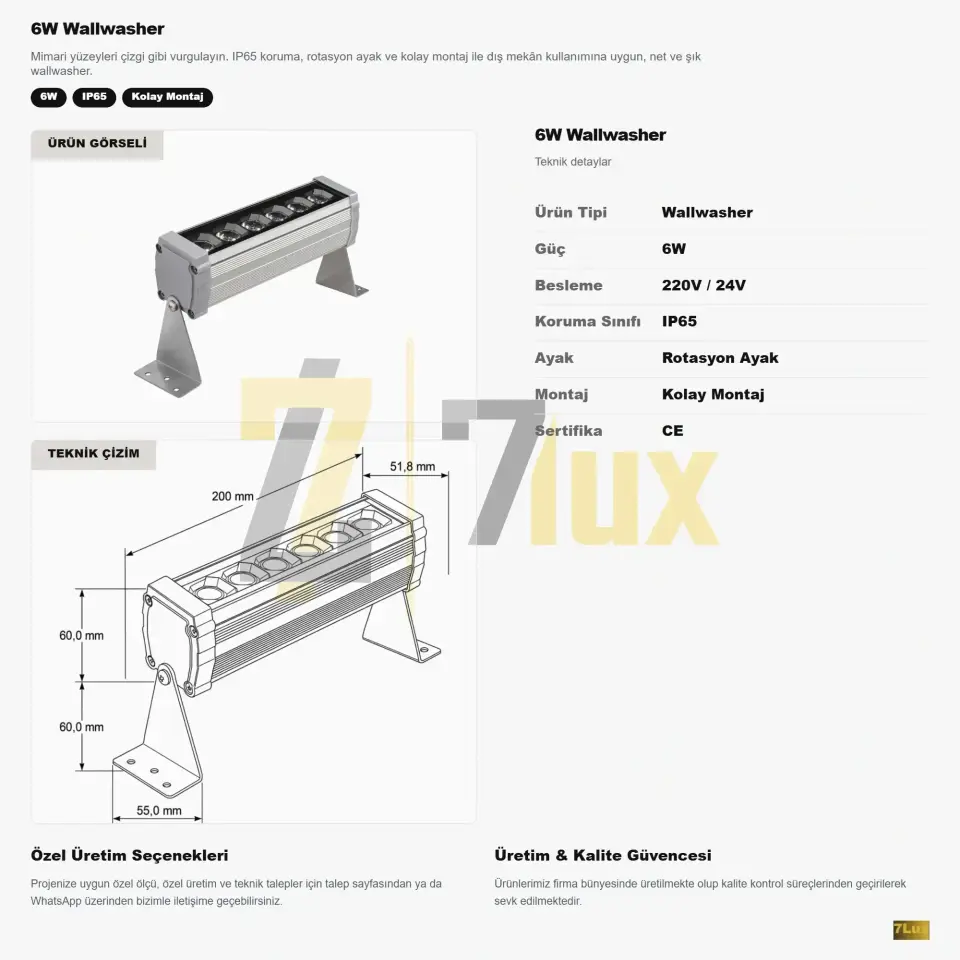 Wallwasher 20 cm Aydınlatma 6W Sıva Üstü Led Volvoşır teknik bilgi kartı