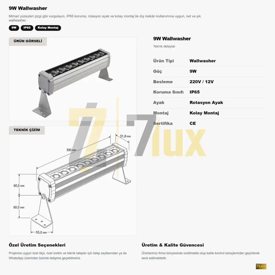 Wallwasher 30 cm Aydinlatma 9W Sıva Üstü Led Volvoşır