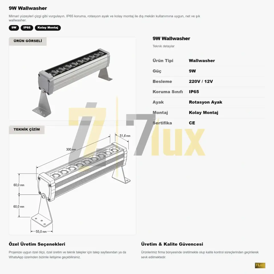 Wallwasher 30 cm Aydınlatma 9W Sıva Üstü Led Volvoşır teknik bilgi kartı
