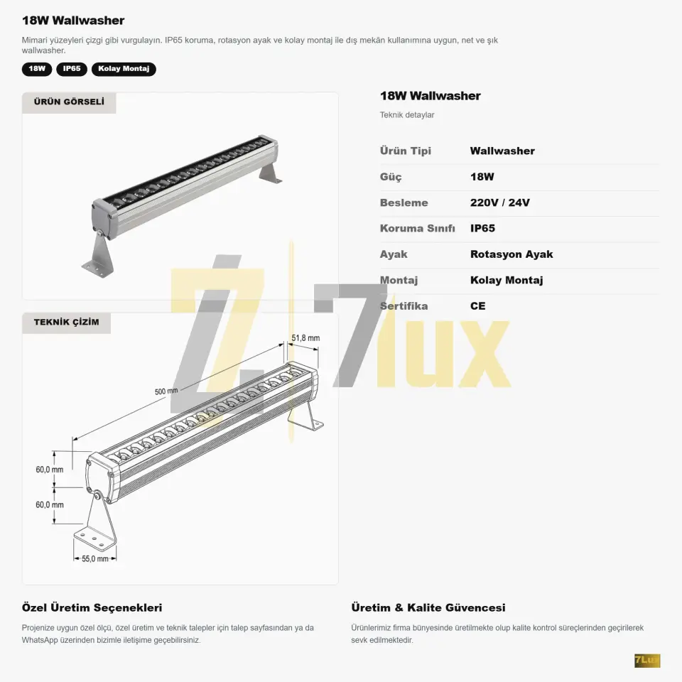 Wallwasher 50 cm Aydinlatma 18W Sıva Üstü Led Volvoşır