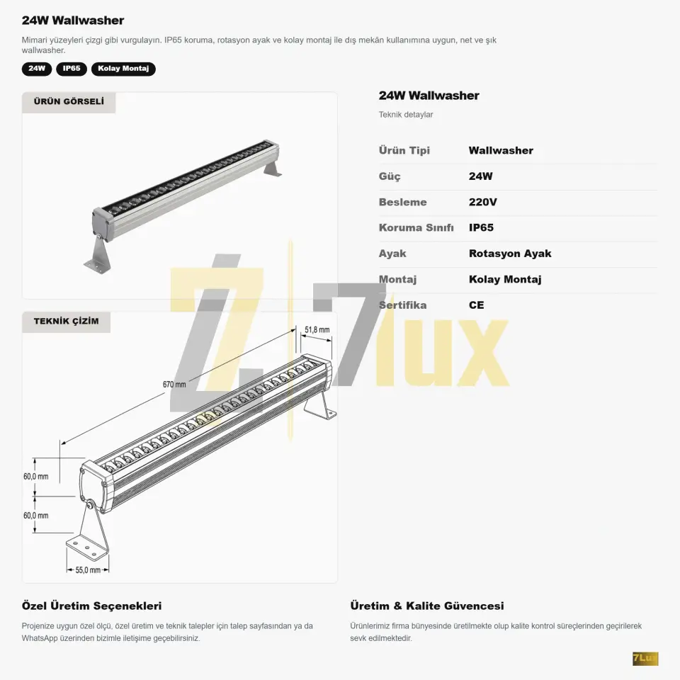 Wallwasher 67 cm Aydinlatma 24W Sıva Üstü Led Volvoşır