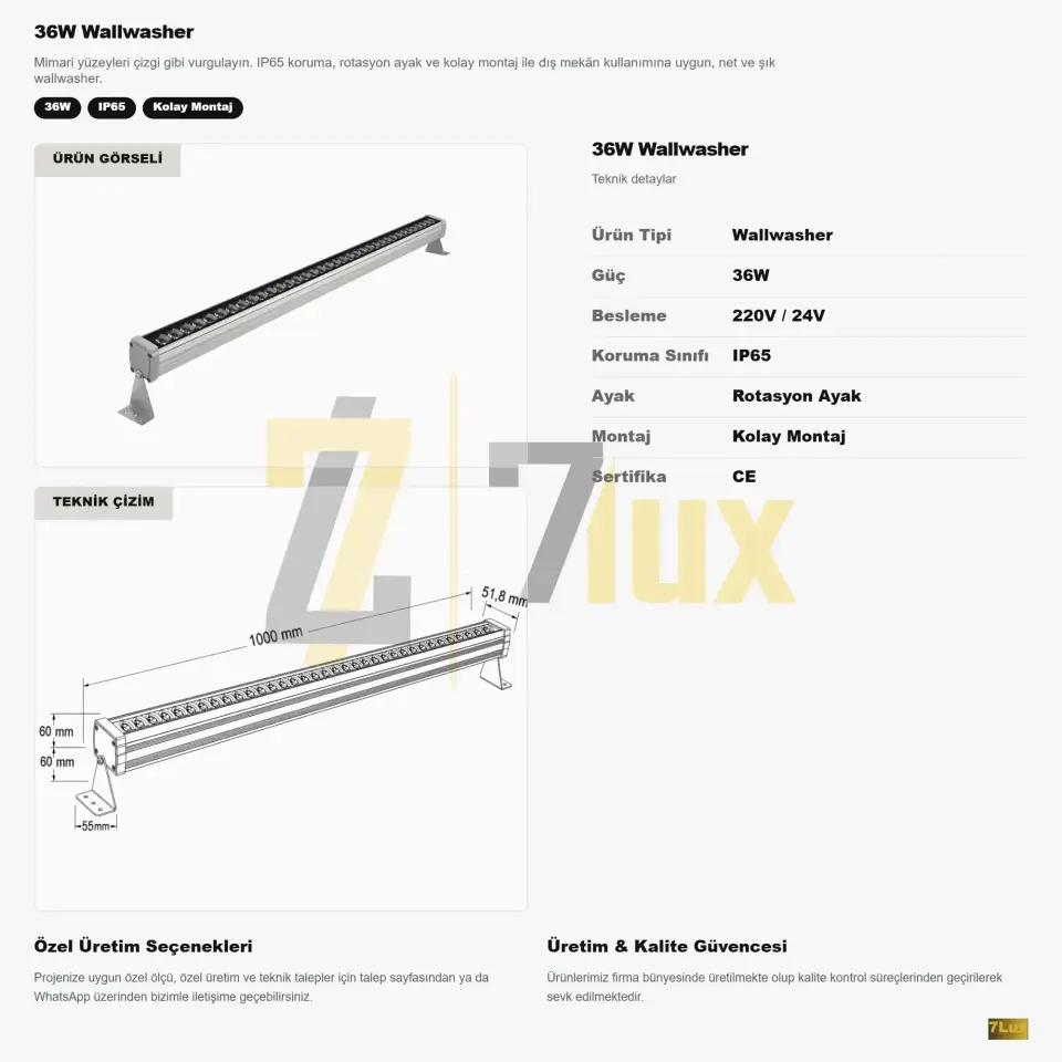 Wallwasher 100 cm Aydınlatma 36W Sıva Üstü Led Volvoşır teknik bilgi kartı