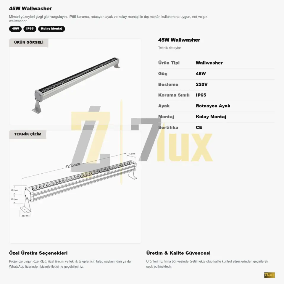 Wallwasher 120 cm Aydinlatma 45W Sıva Üstü Led Volvoşır