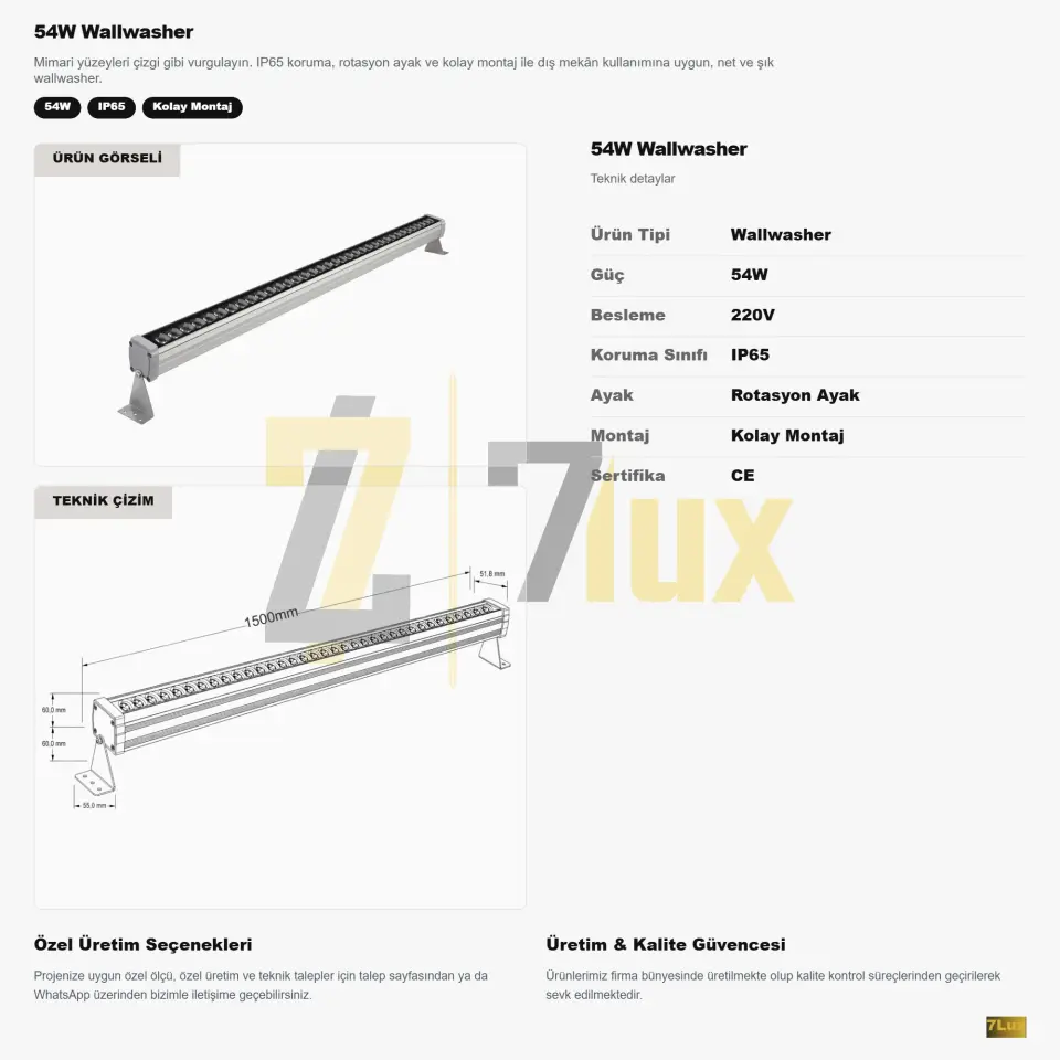 Wallwasher 150 cm Aydinlatma 54W Sıva Üstü Led Volvoşır