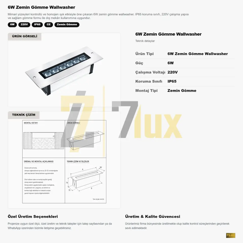6W Zemin Gömme Wallwasher Aydınlatma IP65 220V