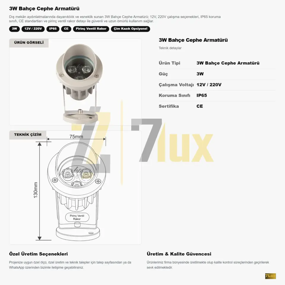 3W Bahçe Cephe Armatürü IP65 12V & 220V Pirinç Ventil