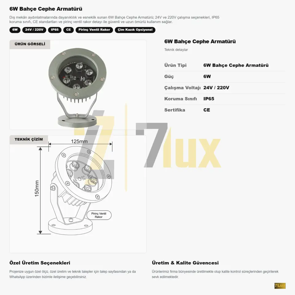 6W Bahçe Cephe Armatürü IP65 24V & 220V Pirinç Ventil
