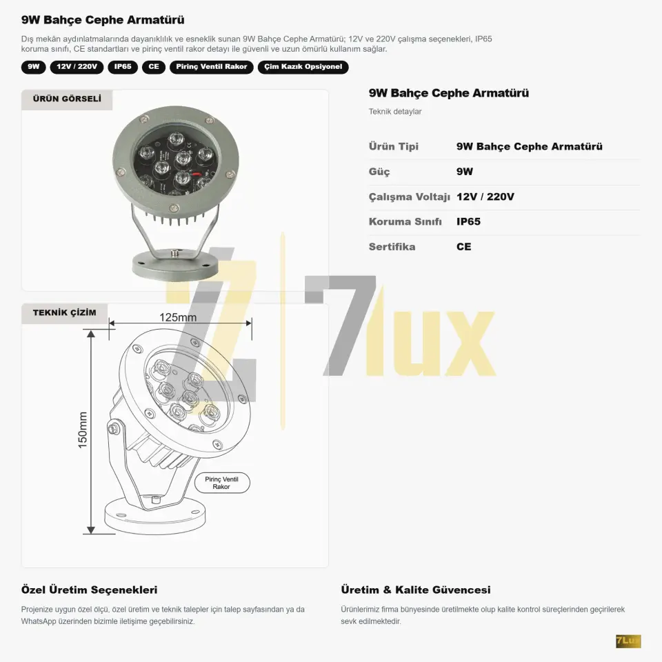 9W Bahçe Cephe Armatürü IP65 12V & 220V Pirinç Ventil