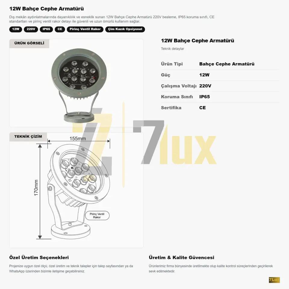12W Bahçe Cephe Armatürü IP65 220V Pirinç Ventil