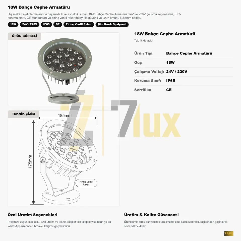 18W Bahçe Cephe Armatürü IP65 24V & 220V Pirinç Ventil