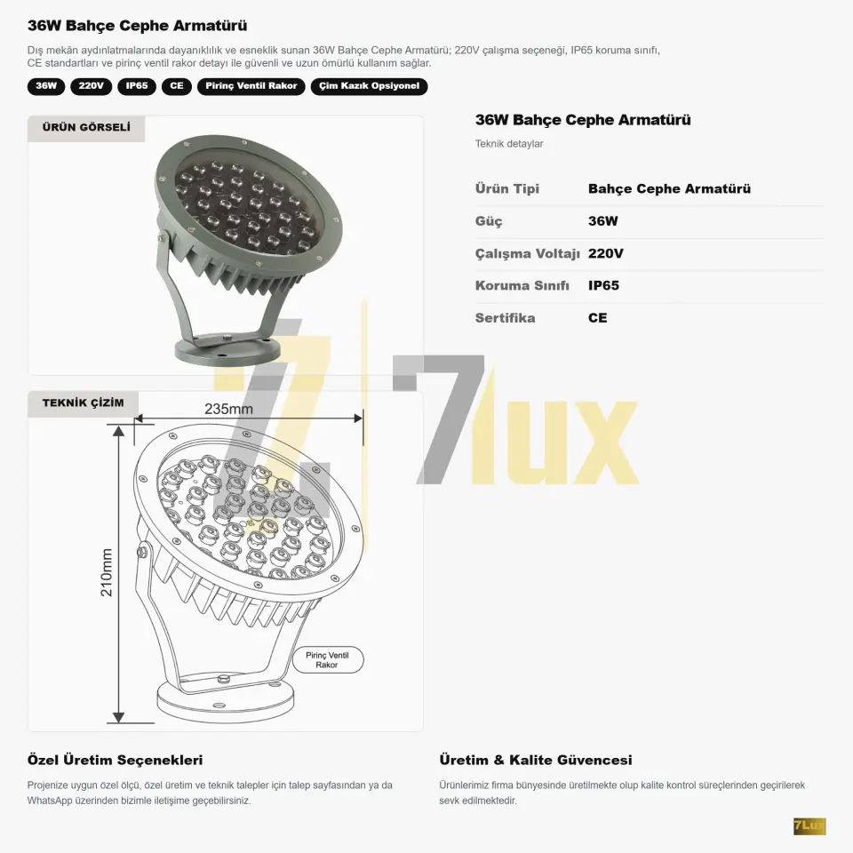 36W Bahçe Cephe Armatürü IP65 220V Pirinç Ventil