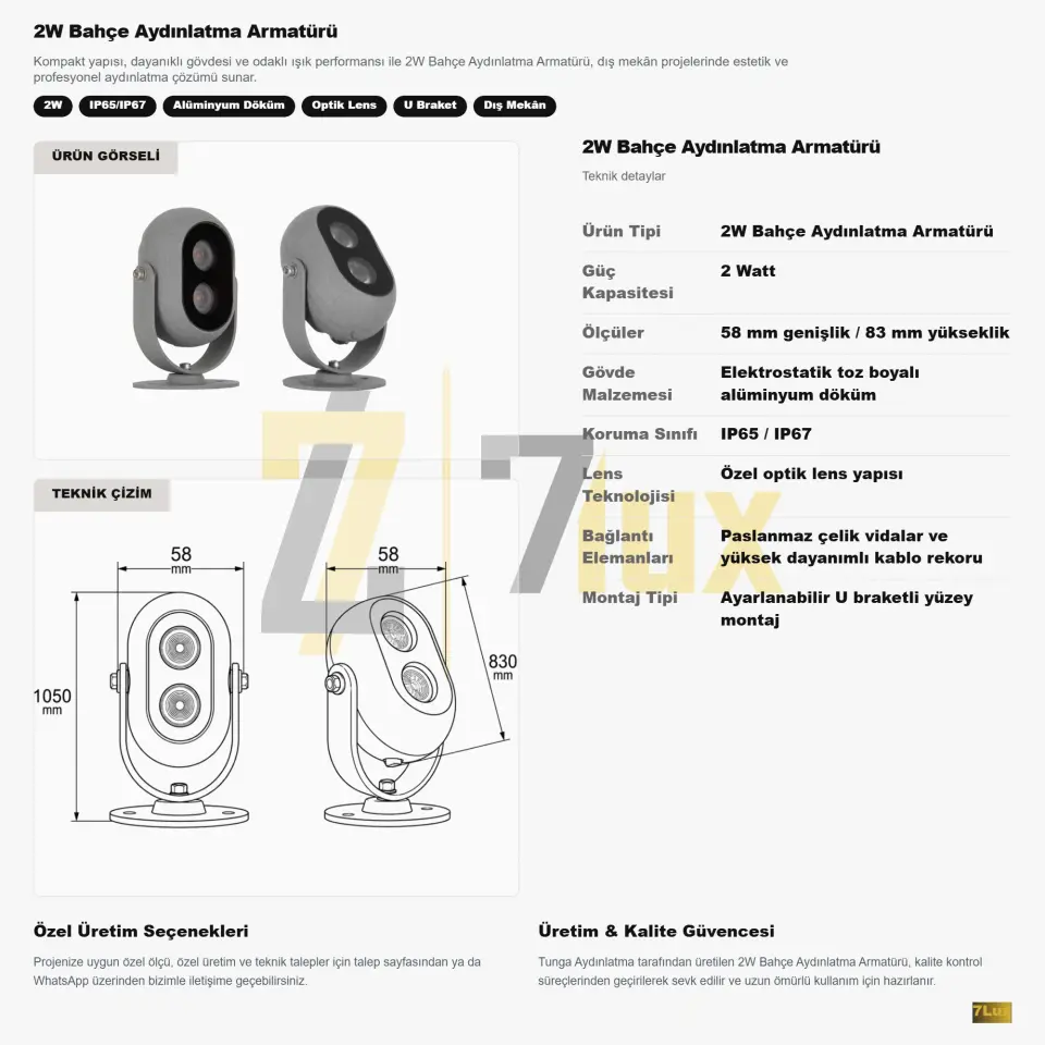 2W Bahçe Aydınlatma Armatürü IP65/IP67 Lensli U Braket