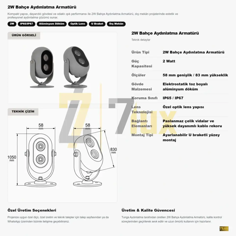 2W Bahçe Aydınlatma Armatürü IP65 Lensli U Braket teknik bilgi kartı