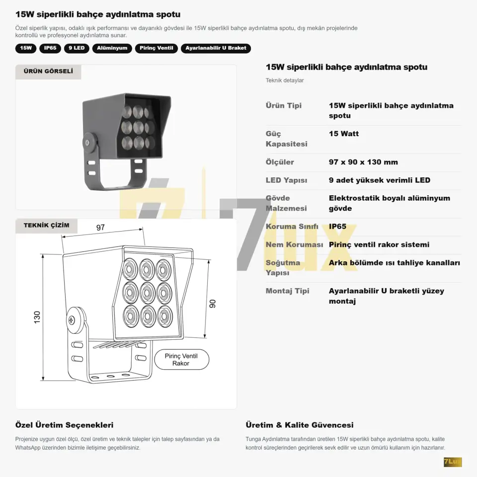 15W Siperlikli Bahçe Aydınlatma Spotu IP65 9 LED U Braket