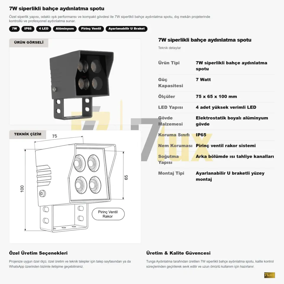 7W Siperlikli Bahçe Aydınlatma Spotu IP65 4 LED U Braket