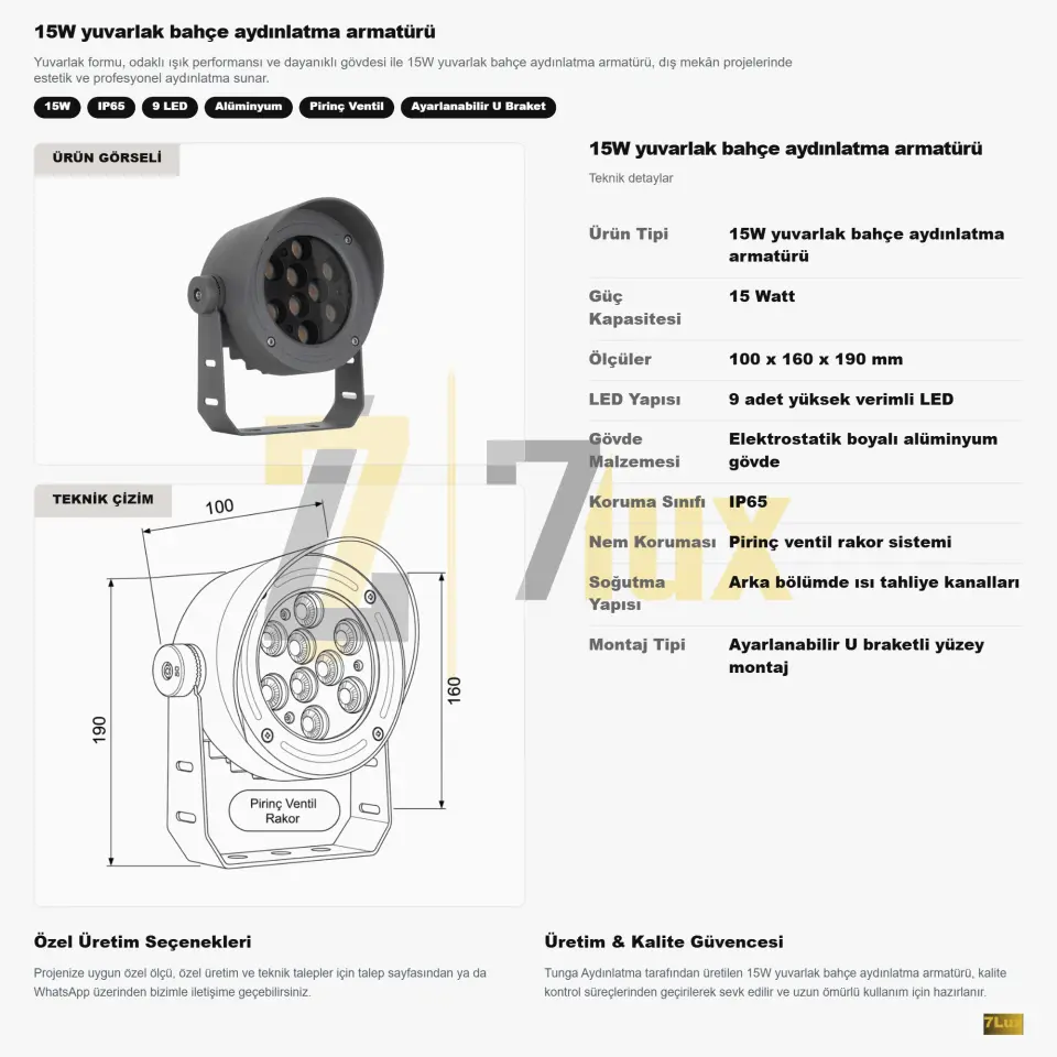 15W Yuvarlak Bahçe Aydınlatma Armatürü IP65