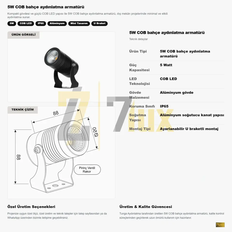 5W COB Bahçe Aydınlatma Armatürü IP65 U Braket Mini