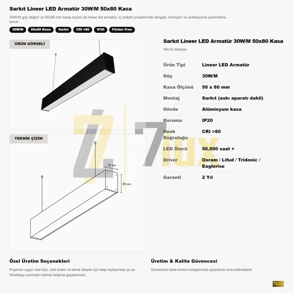 Lineer LED Armatür Sarkıt 30W/M 50x80 Kasa