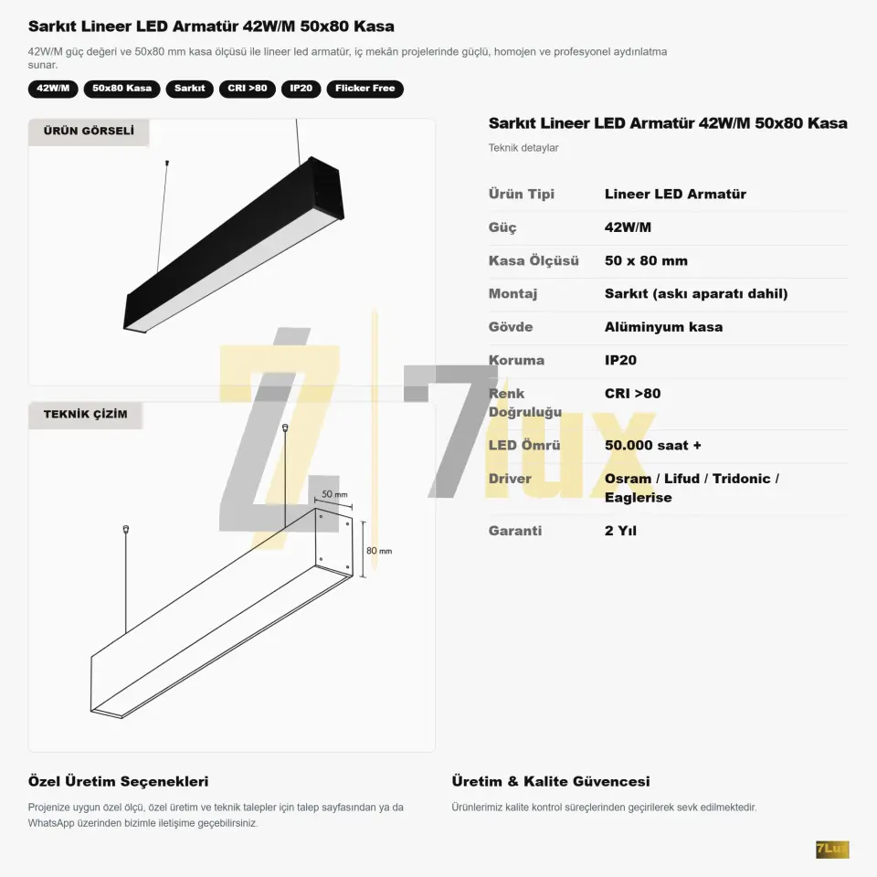 Lineer LED Armatür Sarkıt 42W/M 50x80 Kasa