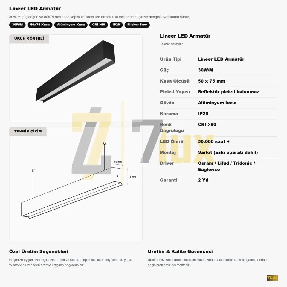 Lineer LED Armatür Sarkıt 30W/M 50x75 Kasa