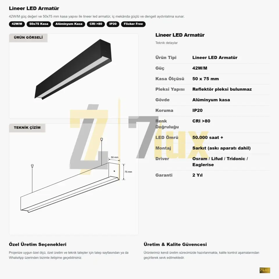 Lineer LED Armatür Sarkıt 42W/M 50x75 Kasa