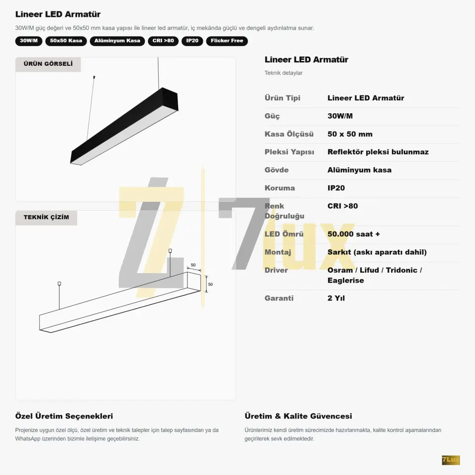 Lineer LED Armatür Sarkıt 30W/M 50x50 Kasa