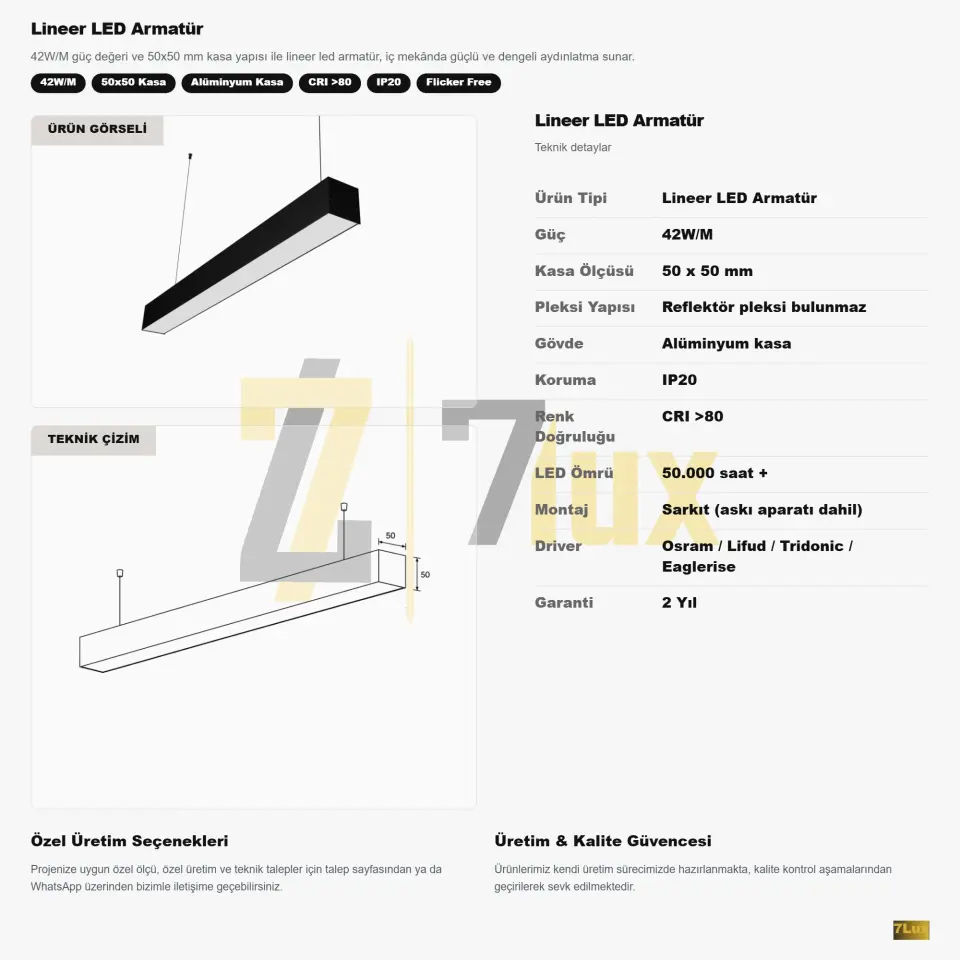 Lineer LED Armatür Sarkıt 42W/M 50x50 Kasa