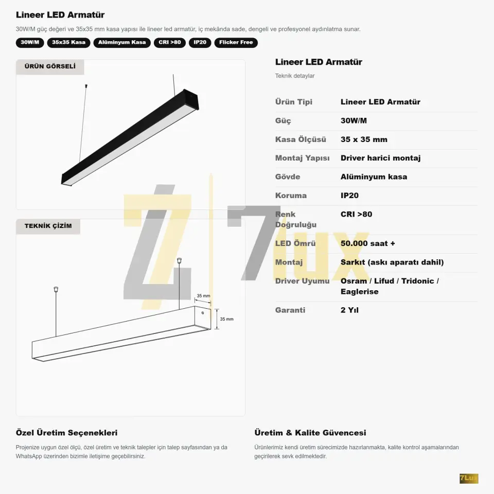 Lineer LED Armatür Sarkıt 30W/M 35x35 Kasa