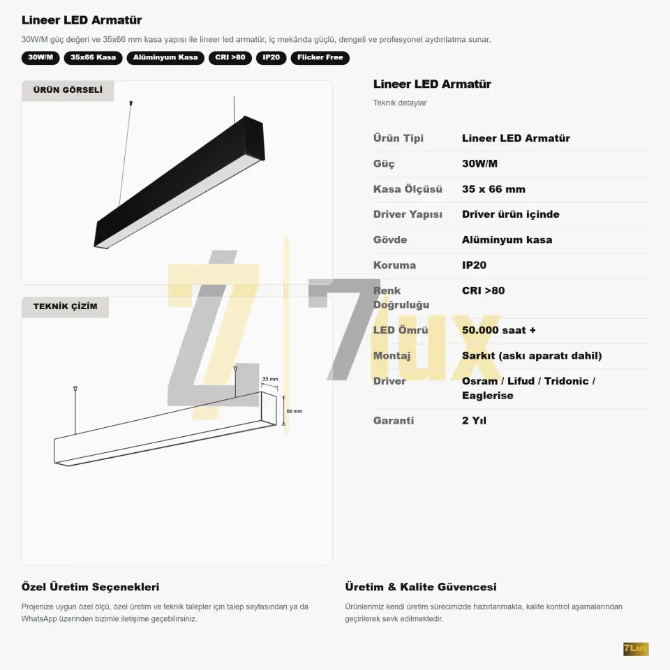 Lineer LED Armatür Sarkıt 30W/M 35x66