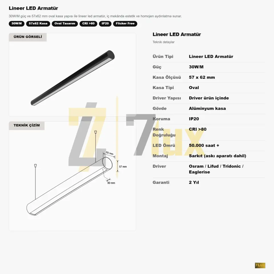 Lineer LED Armatür Sarkıt 30W/M Oval Kasa 57x62