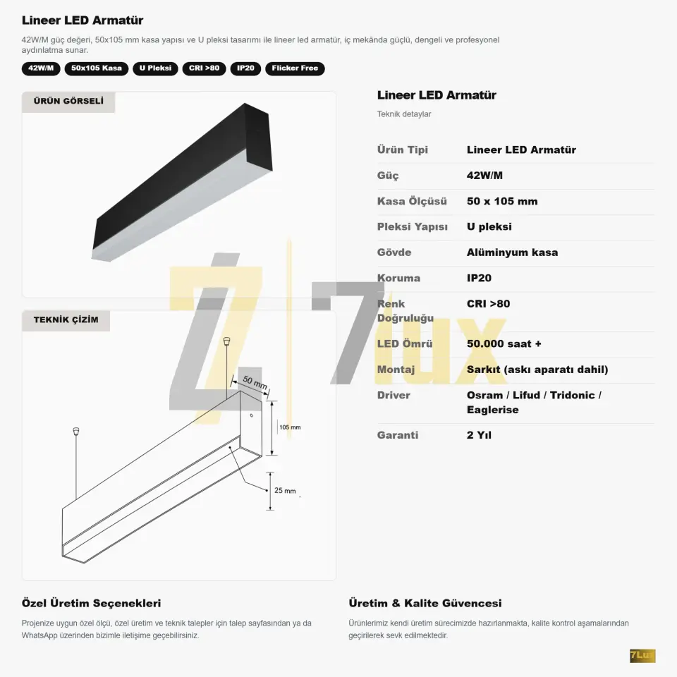 Lineer LED Armatür Sarkıt 42W/M 50x105 Kasa
