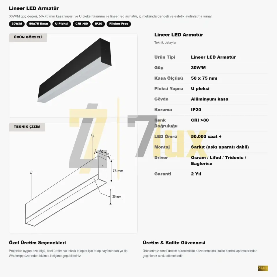 Lineer LED Armatür Sarkıt 30W/M 50x75 Kasa