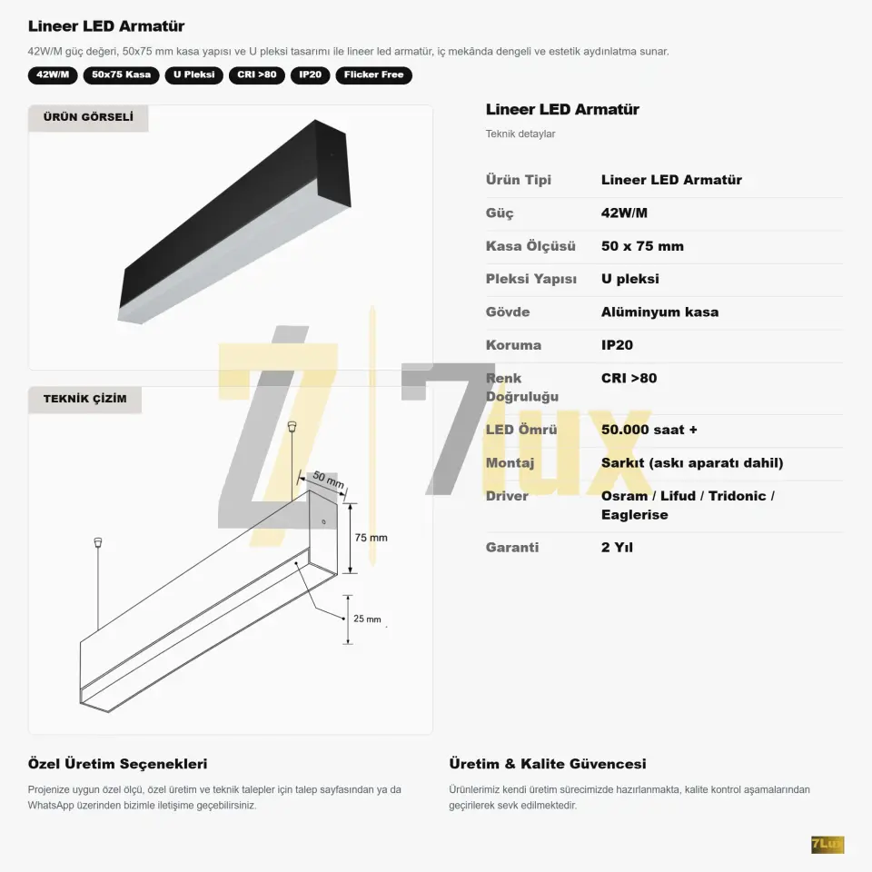 Lineer LED Armatür Sarkıt 42W/M 50x75 Kasa