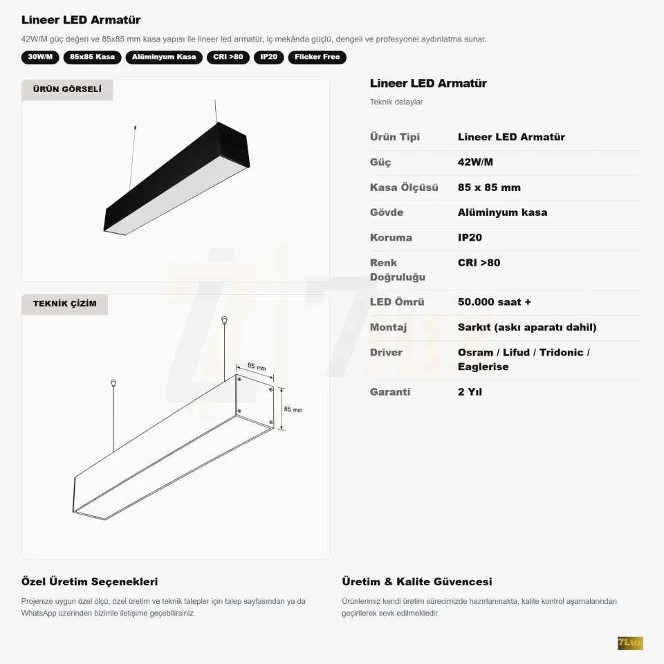 Lineer LED Armatür Sarkıt 42W/M 85x85 Kasa