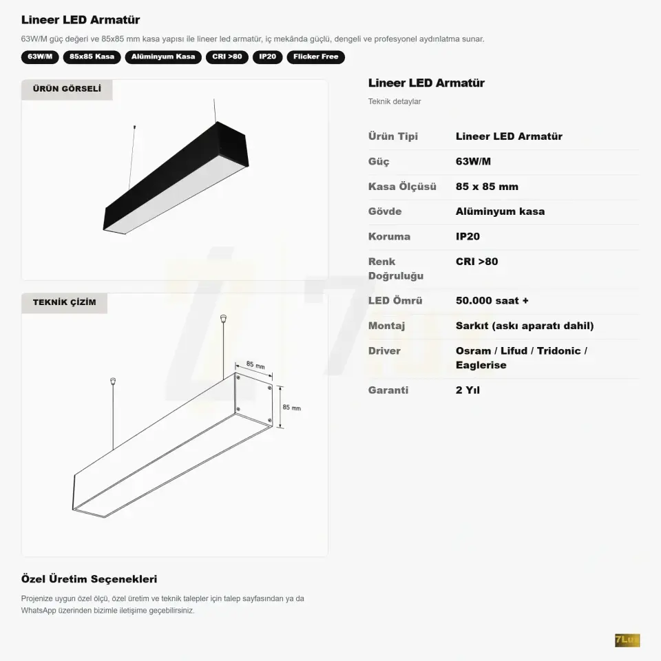 Lineer LED Armatür Sarkıt 42W/M 85x85 Kasa teknik bilgi kartı