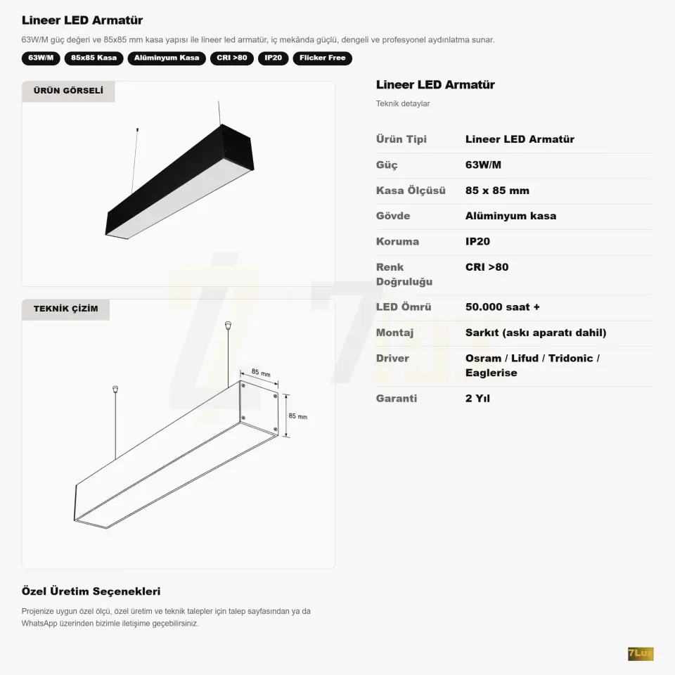 Lineer LED Armatür Sarkıt 63W/M 85x85 Kasa