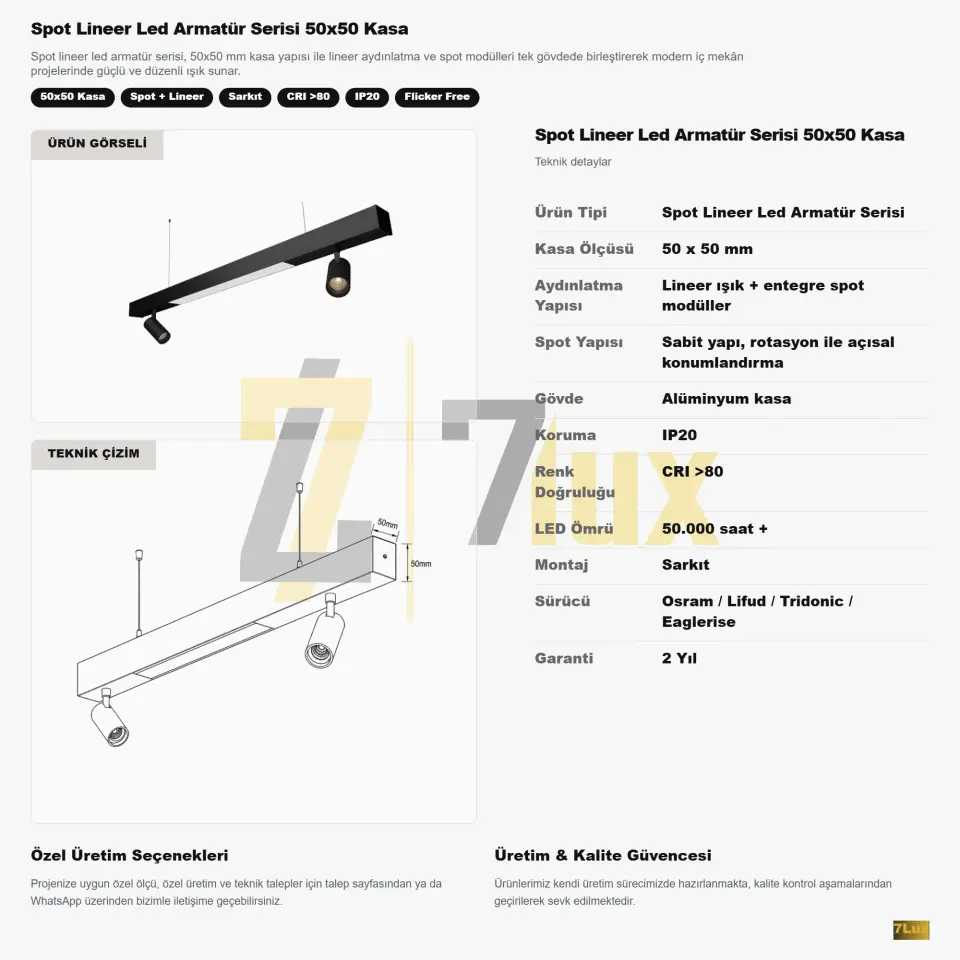 Spot Lineer Led Armatür Serisi 50x50 Kasa