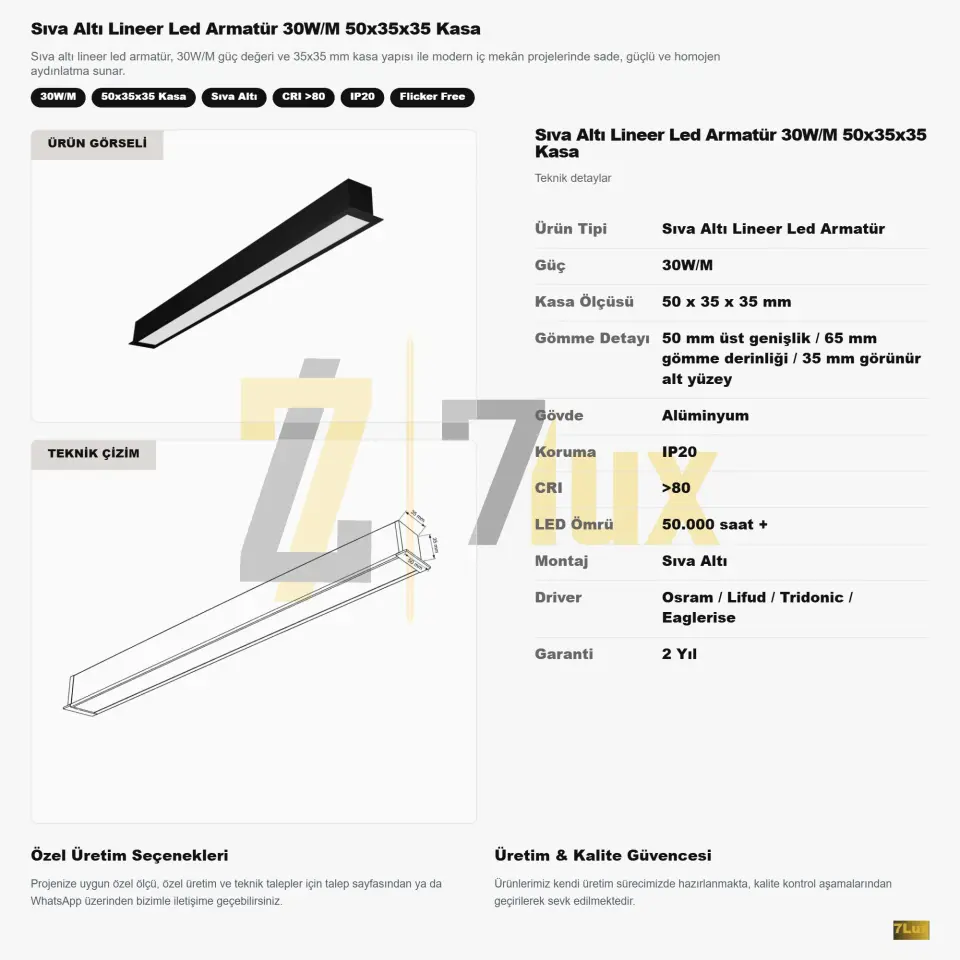 Sıva Altı Lineer Led Armatür 30W/M 50x35x35 Kasa