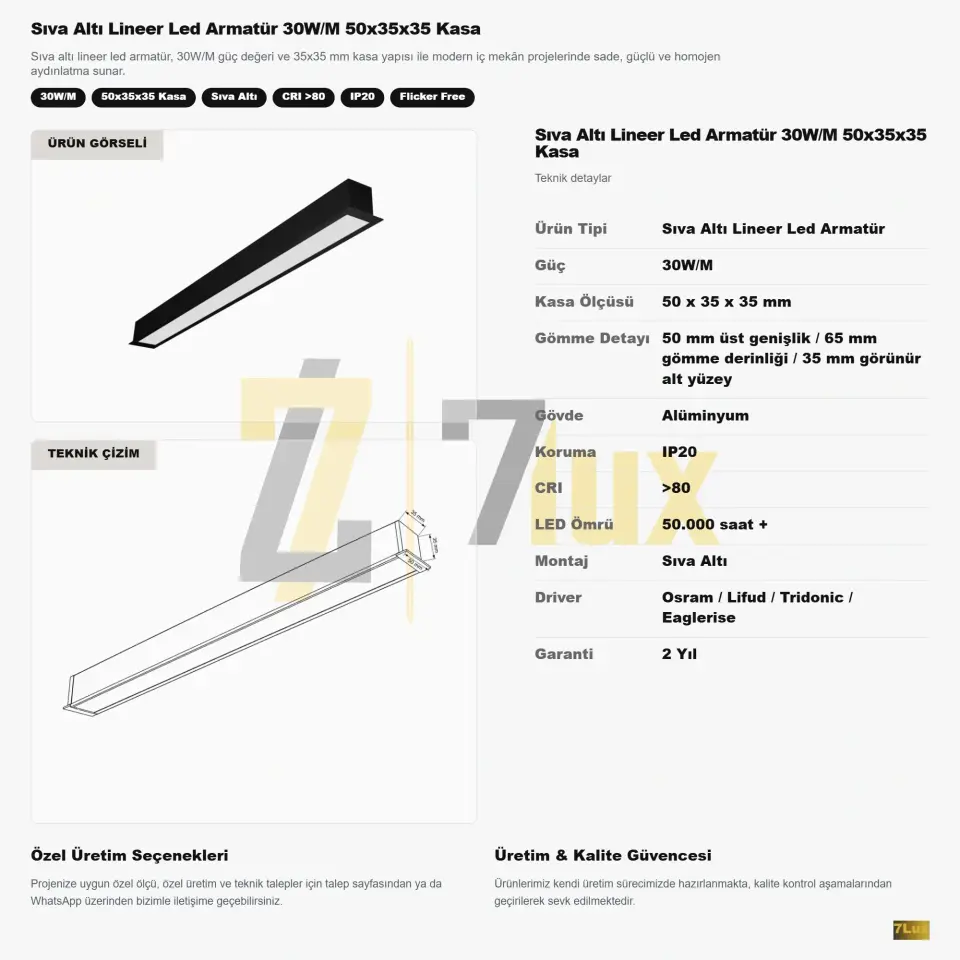 Sıva Altı Lineer Led Armatür 30W/M 50x35x35 Kasa teknik bilgi kartı