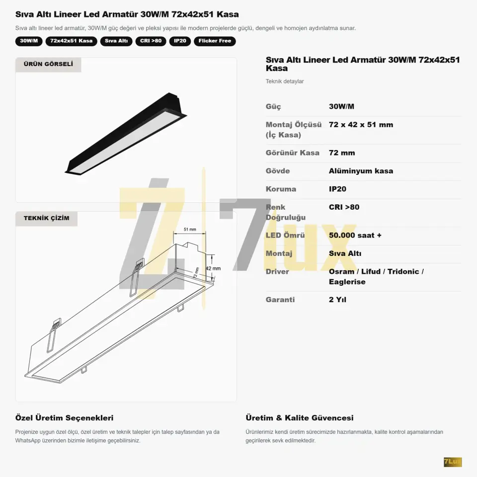 Sıva Altı Lineer Led Armatür 30W/M 72x42x51 Kasa