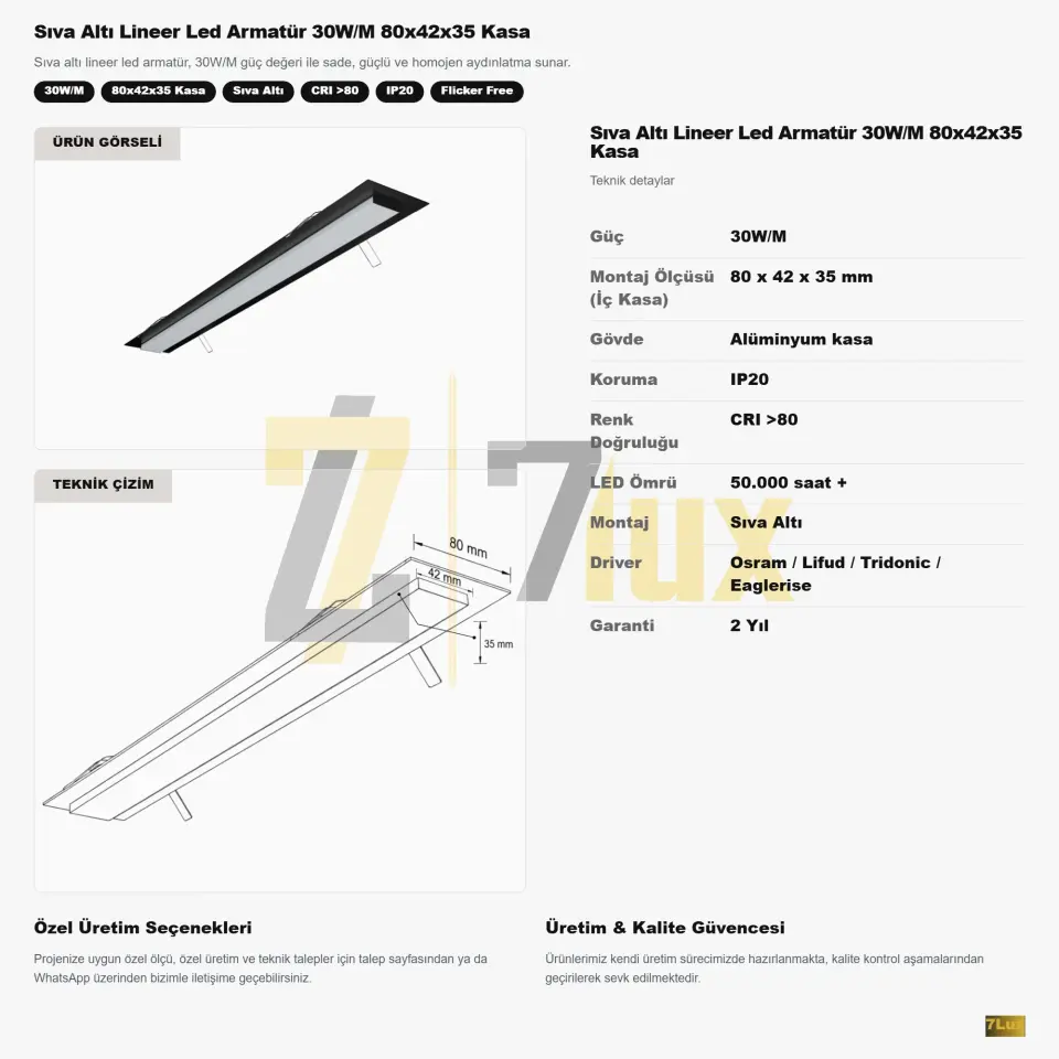 Sıva Altı Lineer Led Armatür 30W/M 80x42x35 Kasa
