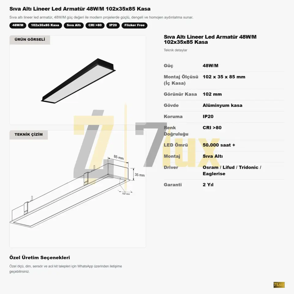 Sıva Altı Lineer Led Armatür 48W/M 102x85x35 Kasa
