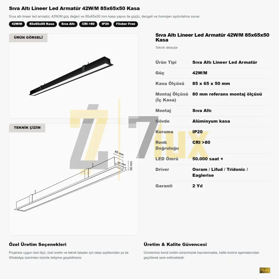 Sıva Altı Lineer LED Armatür 42W/M 85x65x50 Kasa