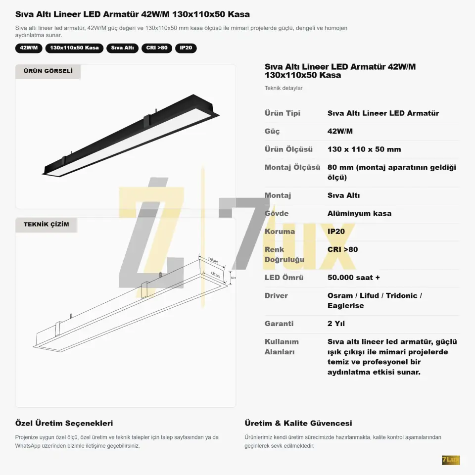 Sıva Altı Lineer LED Armatür 42W/M 130x110x50 Kasa